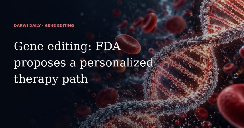 Darwi Daily Gene Editing headline over original dark navy cinematic artwork