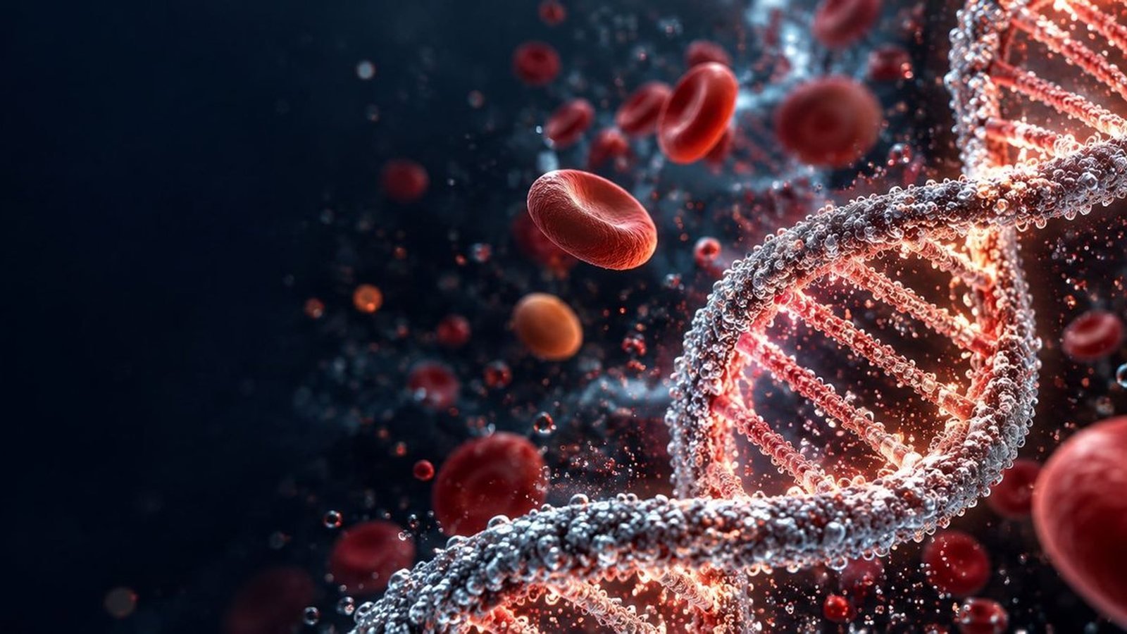 Cinematic DNA helix and red blood cells, Darwi artwork